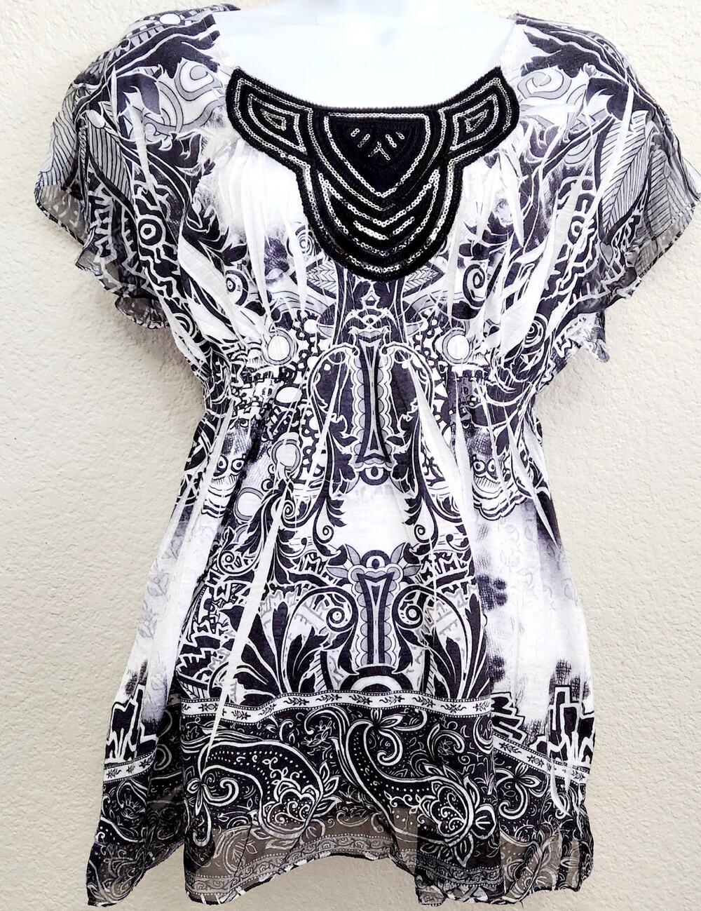 Cato Black White Floral Print Empire Waist Top Medium Sheer Hem & Sleeves Soft